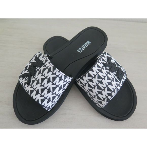 Michael Kors Wade Women's Size 6 MK Signature Logo Slide Sandals Black White - Picture 6 of 11